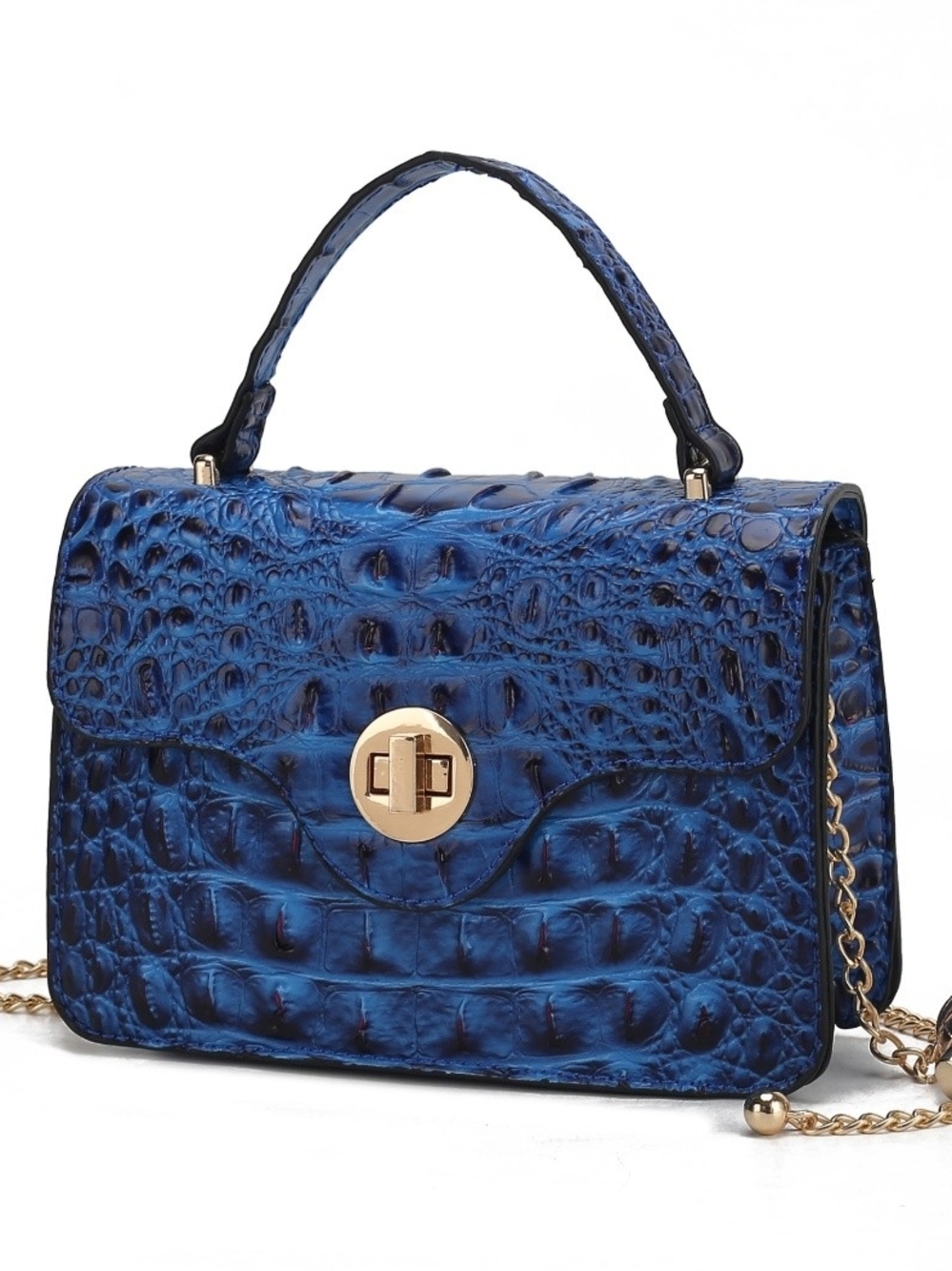 Blue Croc-Embossed Top Handle Bag with Gold Hardware